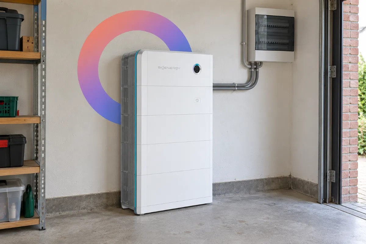 Thuisbatterij in een garage, naast de groepenkast