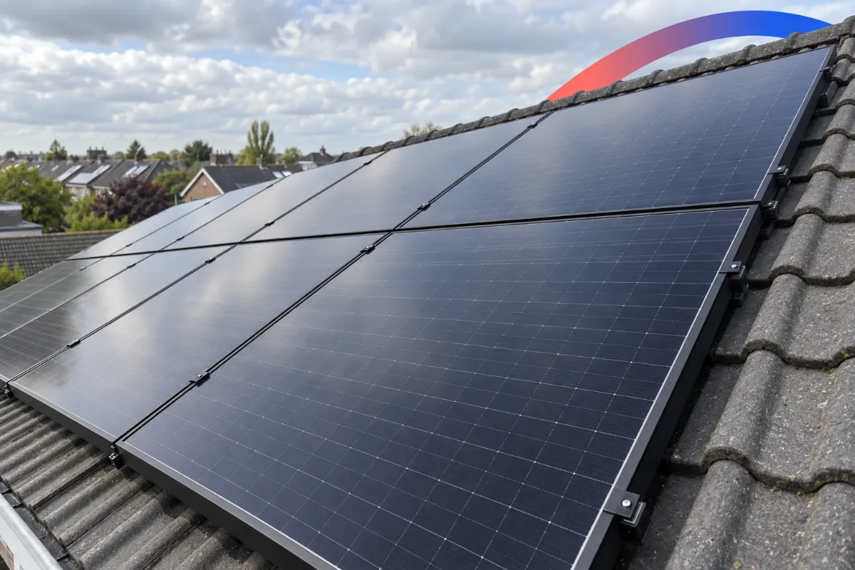Zonnepanelen op een pannendak, van dichtbij