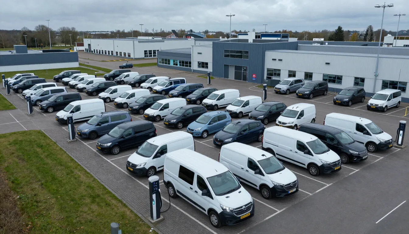 Bedrijfsterrein met een wagenpark van bestelbussen en auto's bij laadpalen